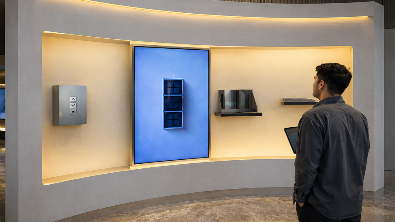 Visitor exploring a smart material display wall in a modern tech experience centre